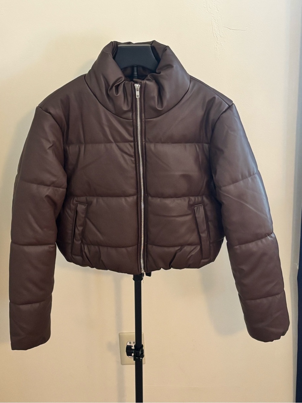Fashion Nova Faux Leather Cropped Puffer Jacket Chocolate Brown - Picture 2 of 6